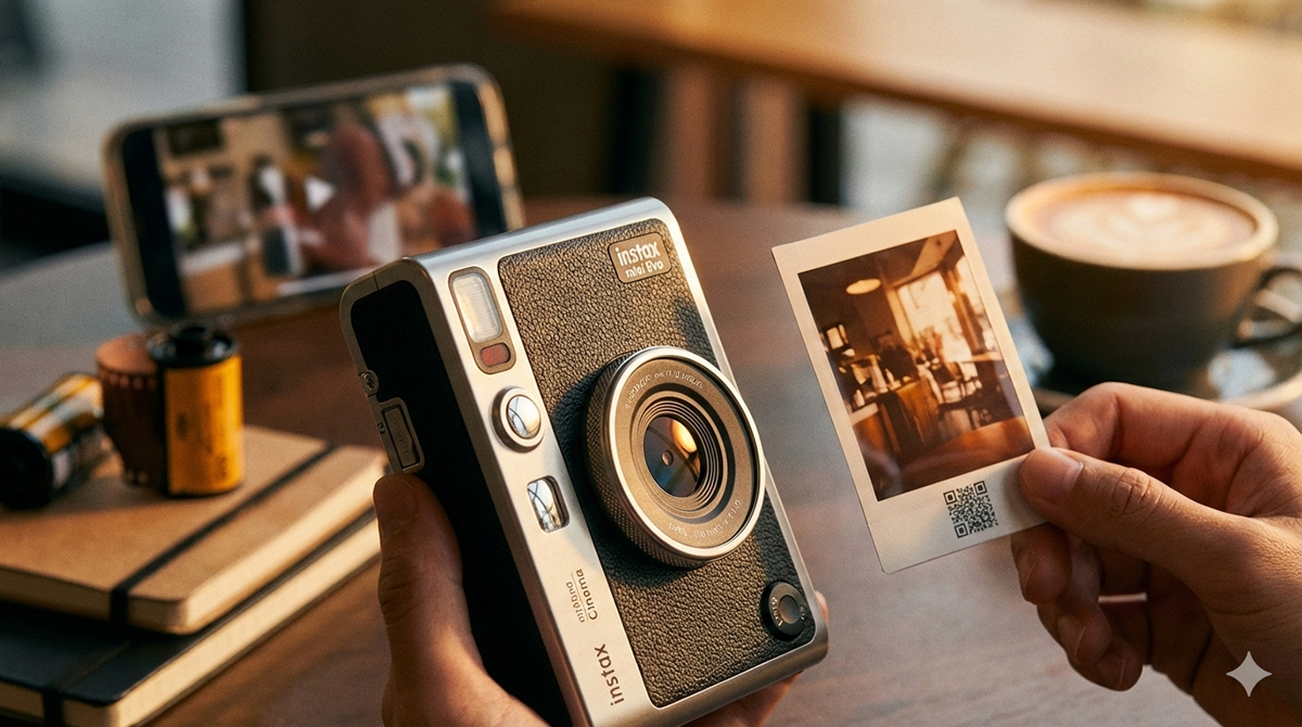 instax mini Evo CinemaでQRコード付きの写真をプリントしている様子