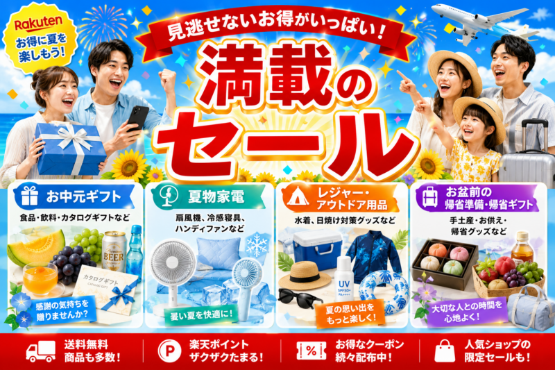 夏本番に向けた需要が一気に高まる時期です。お中元シーズンの終盤にあたるほか、暑さ対策の家電や冷感グッズ