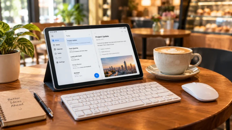 外出先のカフェでもキーボードとマウスで手軽にテキスト入力が可能