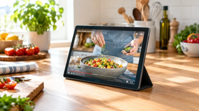 キッチンで動画やレシピを見ながら手軽に使える大容量バッテリー搭載