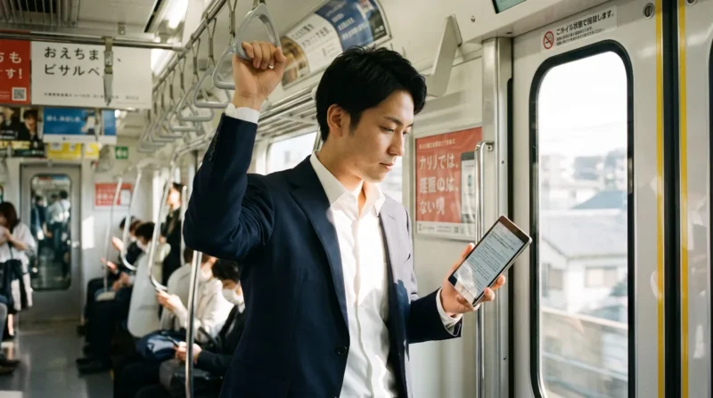 「通勤電車内で片手でサクサク読書・SNSを楽しむビジネスパーソン(iPlay 80 mini Pro利用イメージ)」