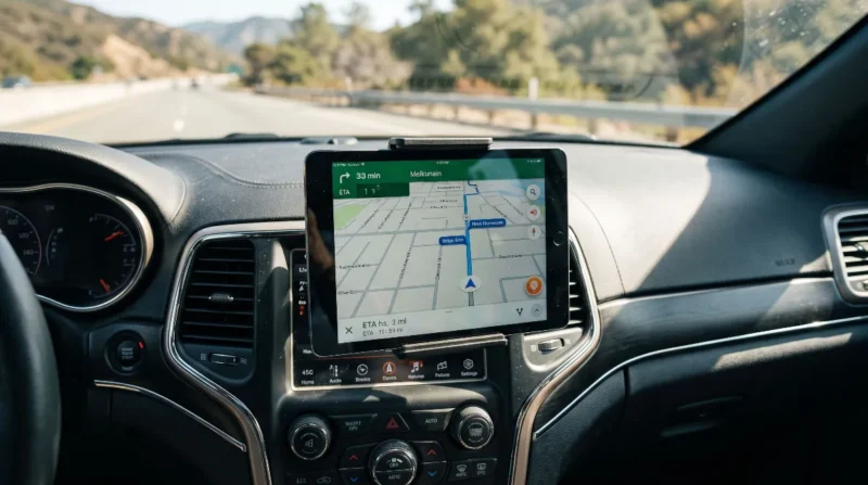 「車内のダッシュボードに設置し、4G LTEとGPSを活用してカーナビ代わりに快適にドライブする様子(iPlay 80 mini Pro車載イメージ)」