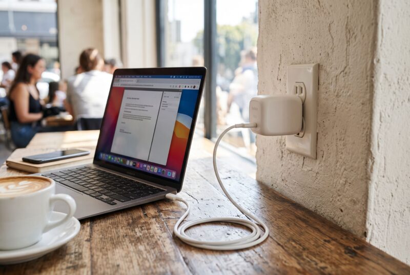 カフェの壁コンセントに接続してMacBookを急速充電するBELKIN 75W GaN 充電器