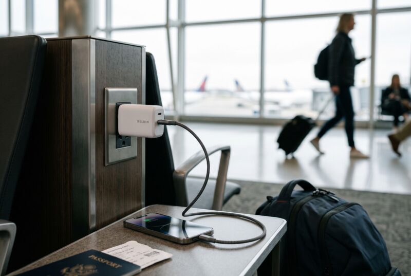 飛行機の座席や海外ホテルの壁コンセント。揺れや高地環境でも安定して給電を続けるコンパクトなBELKIN 75W。低重心設計のおかげで重みでプラグが抜け落ちる心配がなく、旅先でのタフな充電シーンにも頼もしく応える。