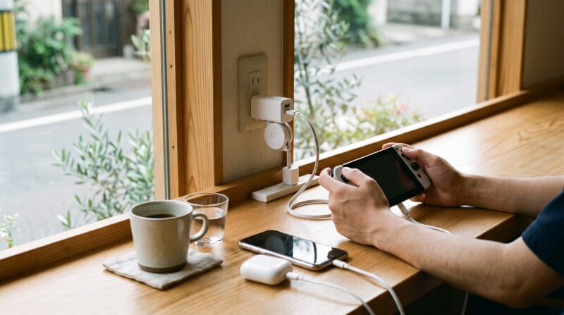 カフェのコンセント席でSwitch2とスマホを同時に充電するイメージ
