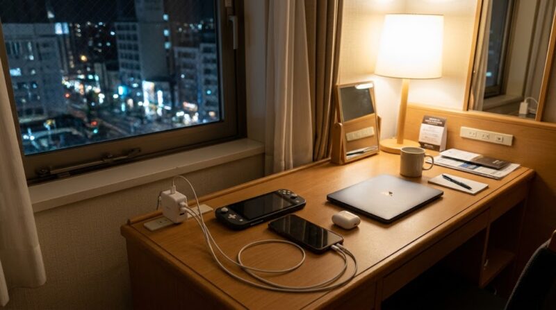 出張先のホテルでSwitch2とスマホを一晩で充電するイメージ