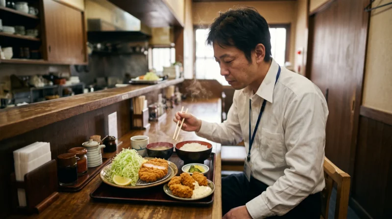 15時過ぎに松のやでカキフライ4個の盛合せ定食を食べる会社員のイメージ