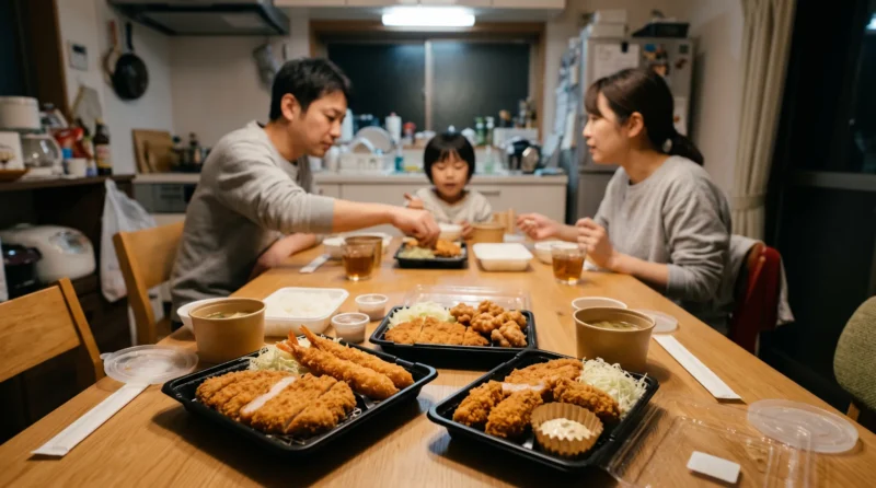 松のやの盛合せ定食を持ち帰って家族で食べる夕食のイメージ