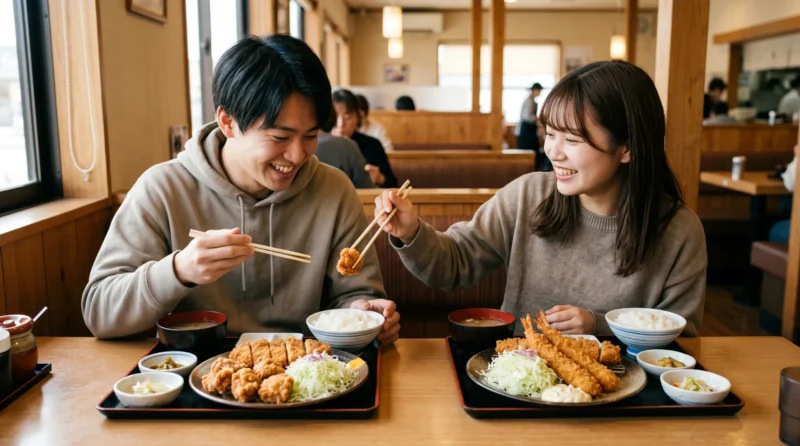 唐揚げ6個と海老フライ2尾を友人とシェアするイメージ