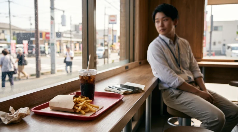 午後2時にファストフード店の窓際席でポテトとコーラを楽しむ会社員のイメージ