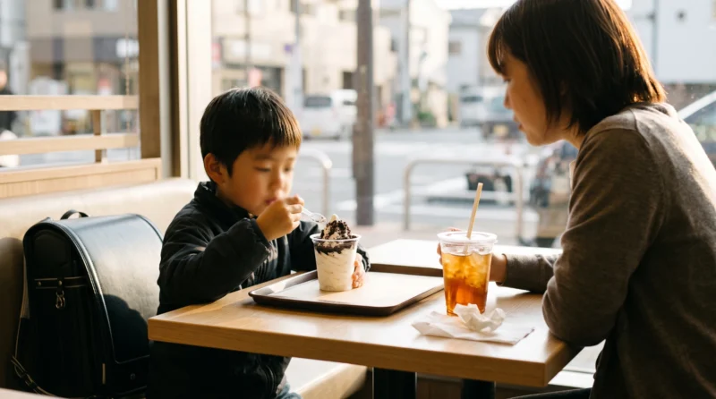 親子でデザートとドリンクを分け合うおやつ時間のイメージ