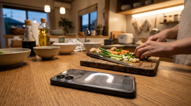 キッチンの調理台にスマホを伏せて置き、背面の光でタイマーを確認するイメージ