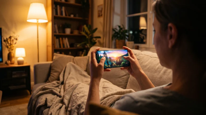 夜のリビングで、ソファに座って大画面のスマホで動画を楽しむイメージ