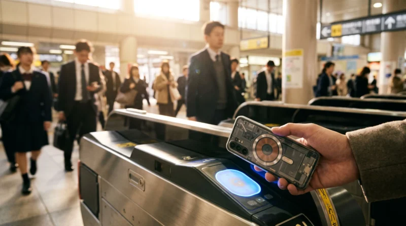 朝の駅の改札で、スマホをかざして交通系ICで通るイメージ