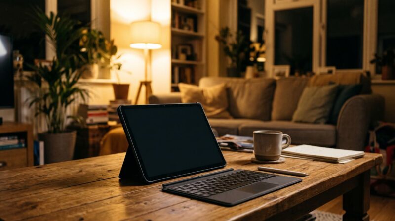 リビングでスタンドに立てたタブレットで動画を見る様子