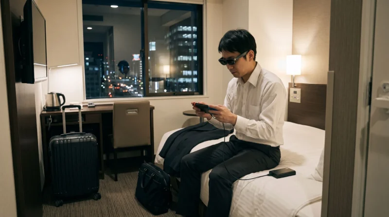 ホテルのベッドで、Switch 2とドックを一体にして大画面でゲームを楽しむイメージ
