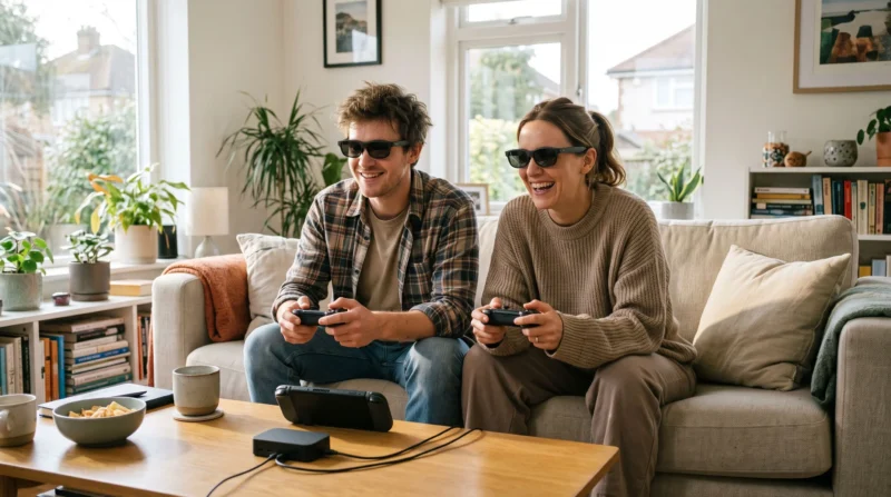 2人が並んでXRグラスをかけ、同じゲーム画面を見ながら協力プレイするイメージ